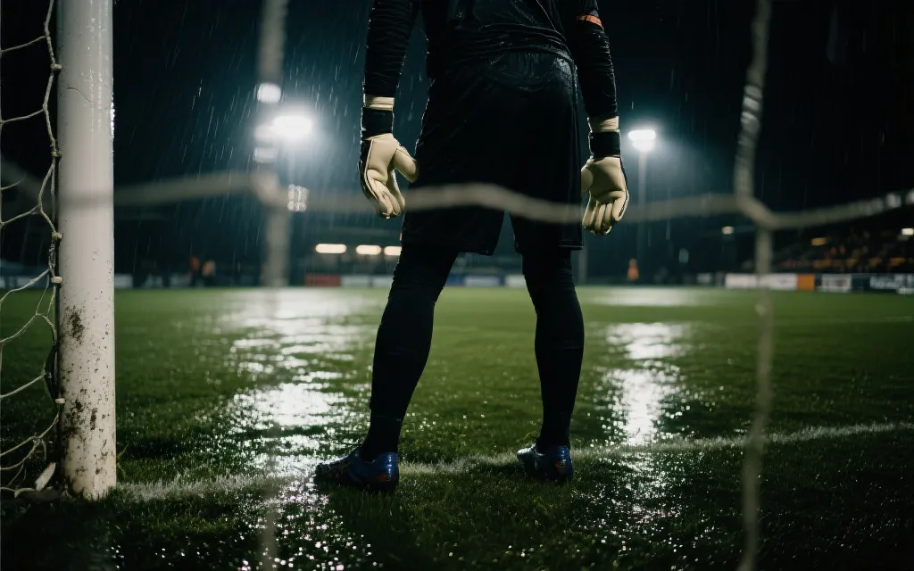 雨夜球场的守门员特写，灯光反射在手套与草皮上，紧张氛围